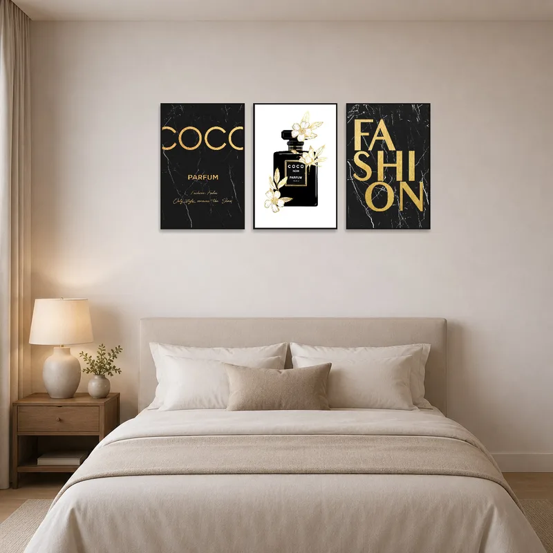 Bedroom with a Parisian perfume bottle art triptych for a touch of elegance.