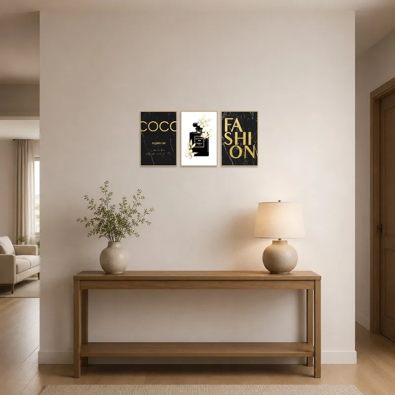 Entrance hall featuring a Parisian perfume bottle art triptych.