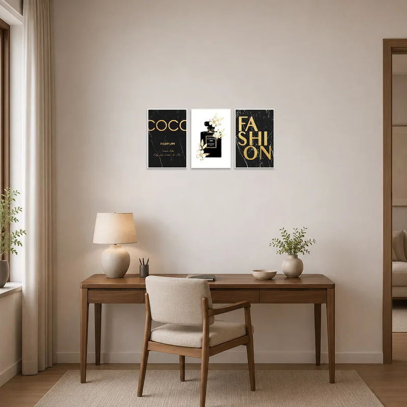 Home office adorned with a sophisticated Parisian perfume bottle art triptych.