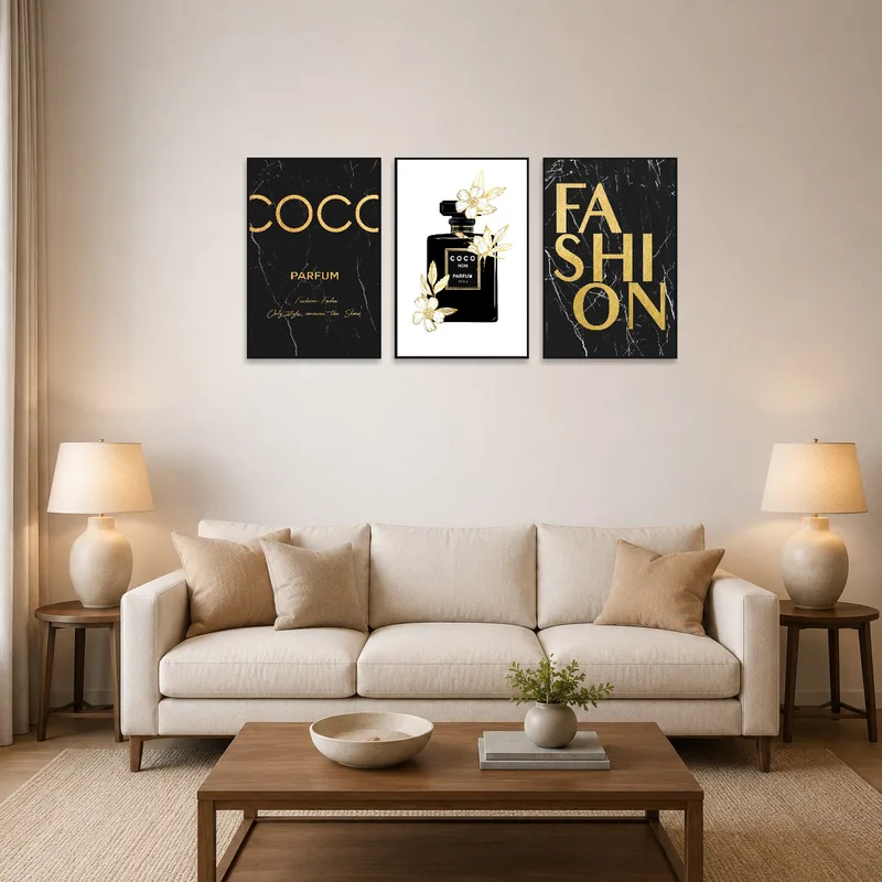 Art triptych of Parisian perfume bottles in a chic living room setting.