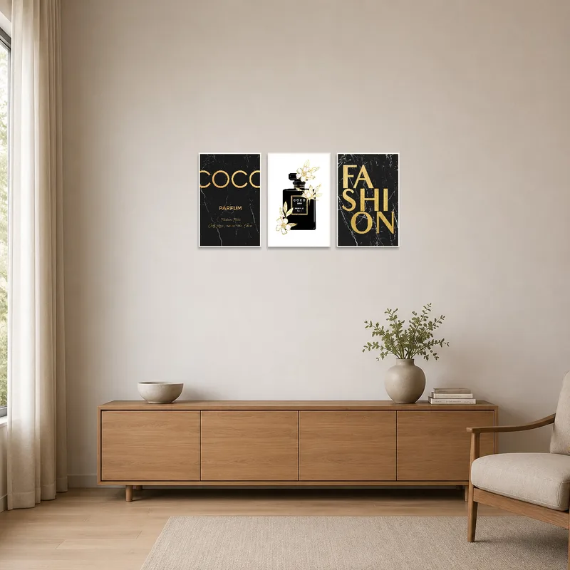 Minimalist room with Parisian perfume bottle art triptych on display.
