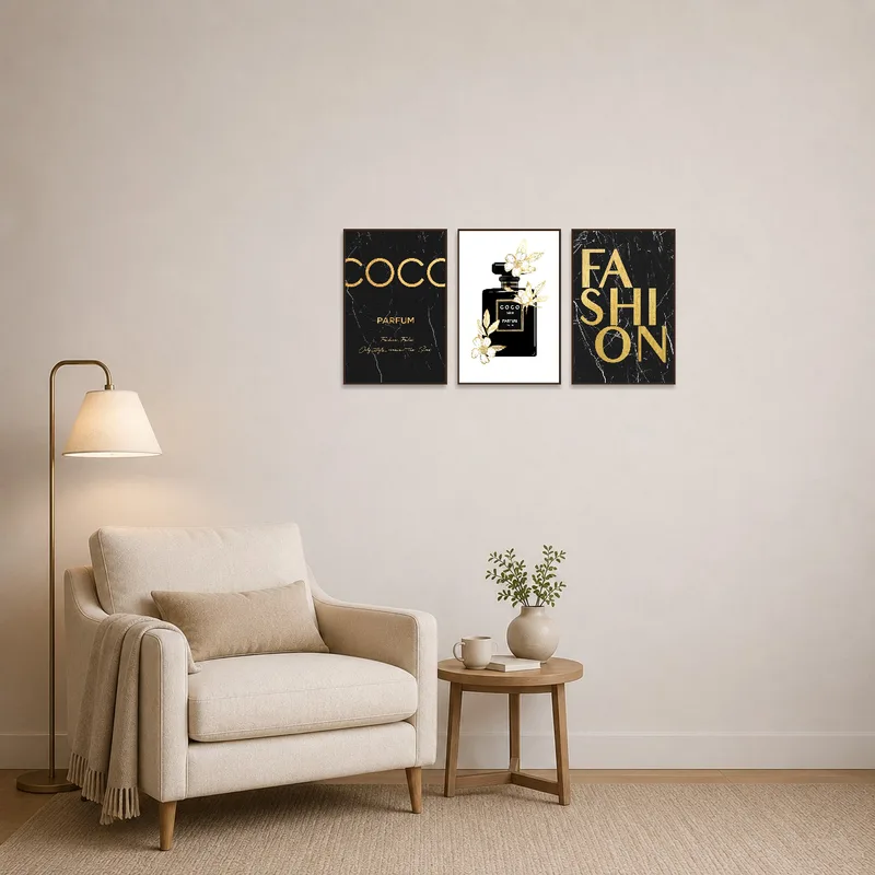 Reading corner showcasing a triptych of elegant Parisian perfume bottles.