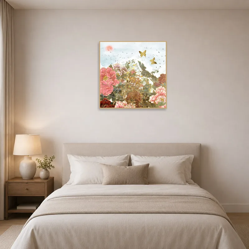 Elegant floral art with peony and butterfly enhancing bedroom ambiance.
