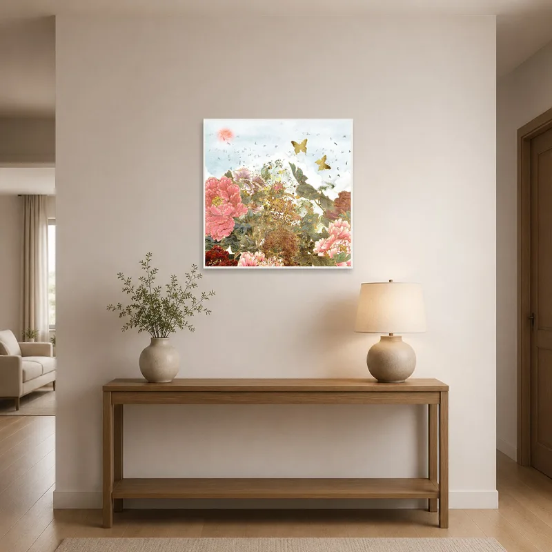 Floral art with peony and butterfly welcoming guests in entrance hall.