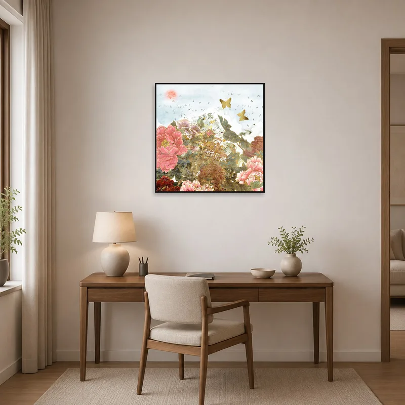 Inspiring peony and butterfly art in a creatively furnished home office.