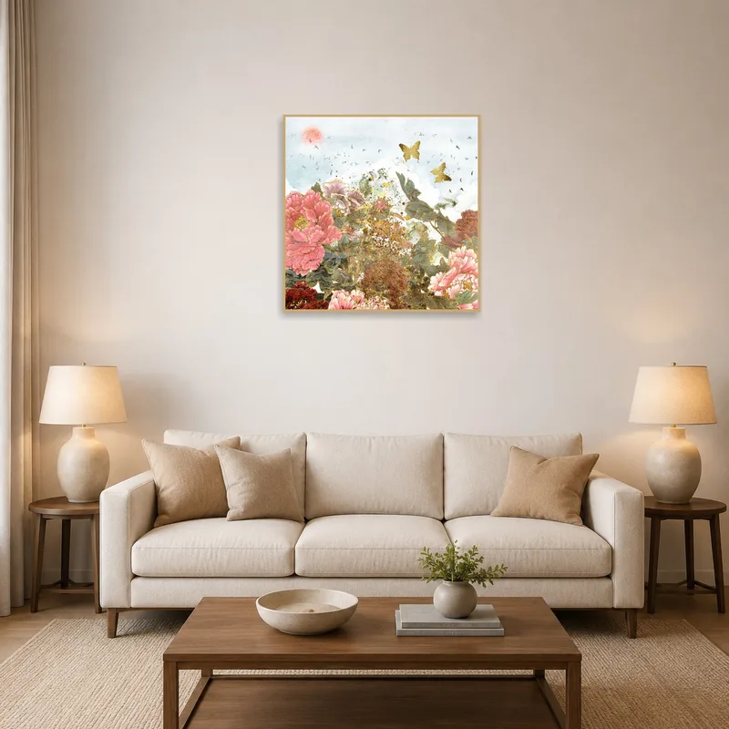 Elegant peony and butterfly art brightening a cozy living room wall.