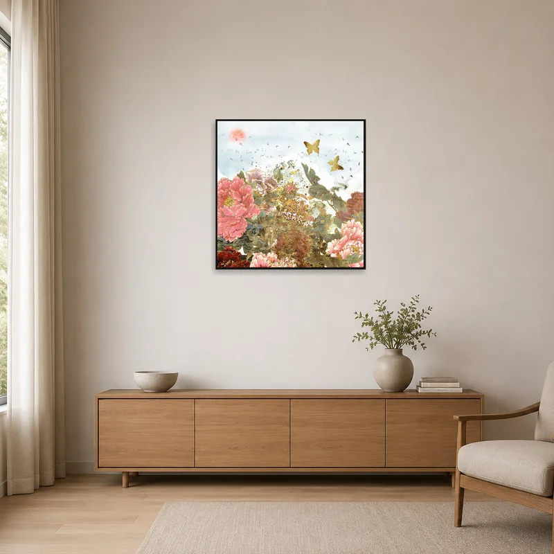 Peony and butterfly floral art adding charm to a minimalist space.