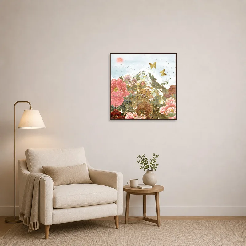 Peony and butterfly floral art creating a serene reading corner.