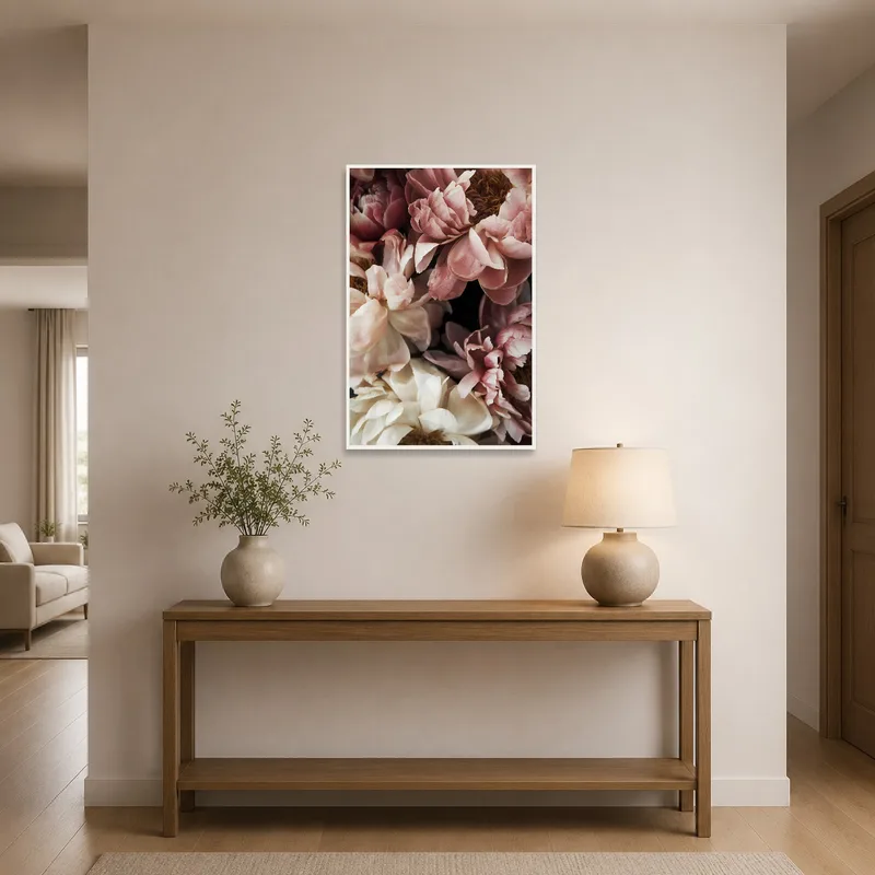 Peony floral art greeting guests in an inviting entrance hall.