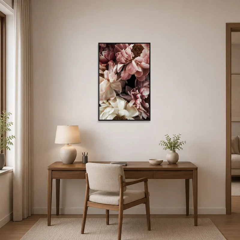Peony floral art bringing elegance to a functional home office.