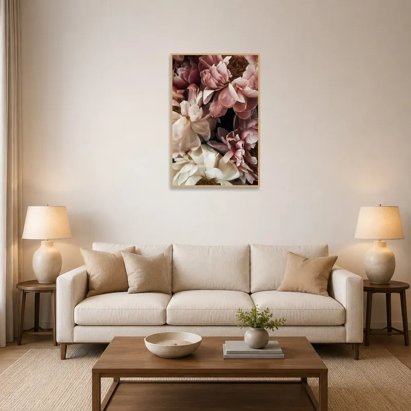 Elegant peony artwork above a cozy sofa in a stylish living room.