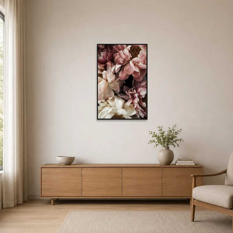 Simple peony floral art adding charm to a minimalist room.
