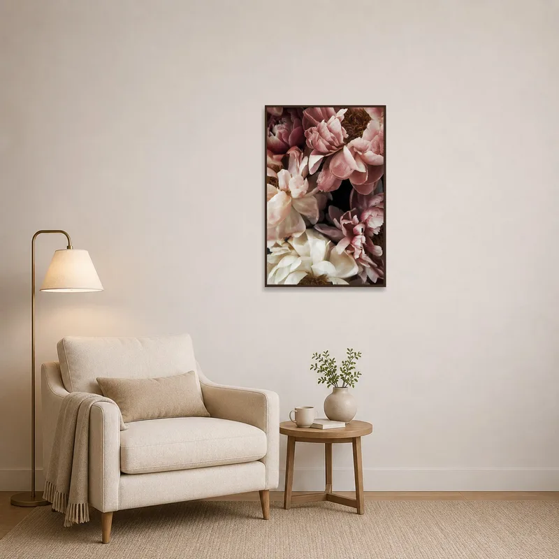 Serene peony floral piece enhancing a tranquil reading corner.