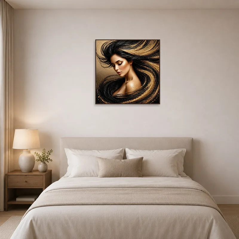 Elegant portrait featuring gold elements adds warmth to a calming bedroom.