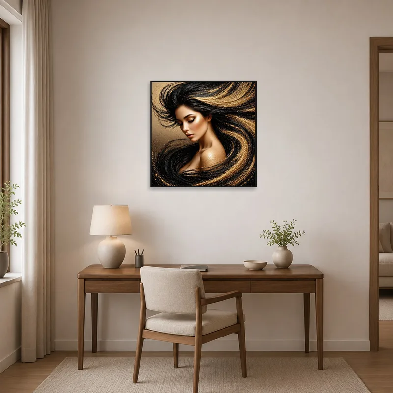 Portrait with golden details elevates the aesthetic of a modern home office.