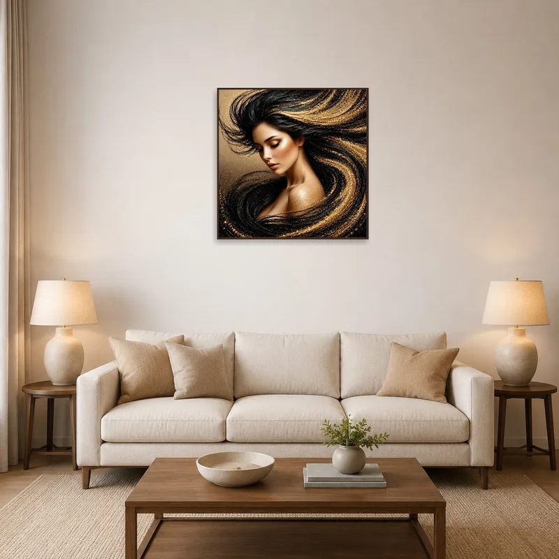 Portrait with gold elements above a sofa in a chic living room setting.