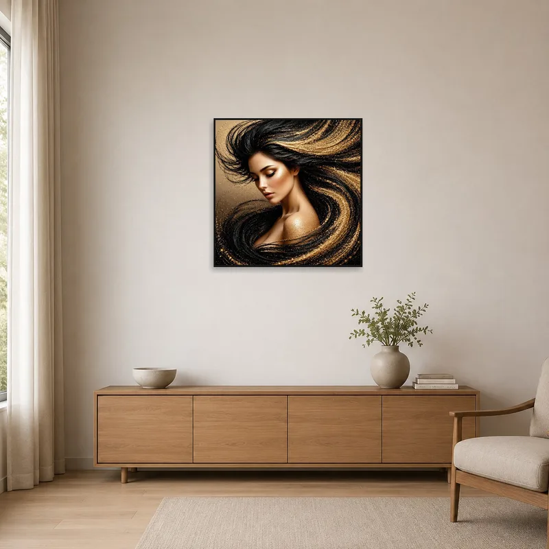 Elegant portrait with gold accents on a sleek wall in a minimalist space.