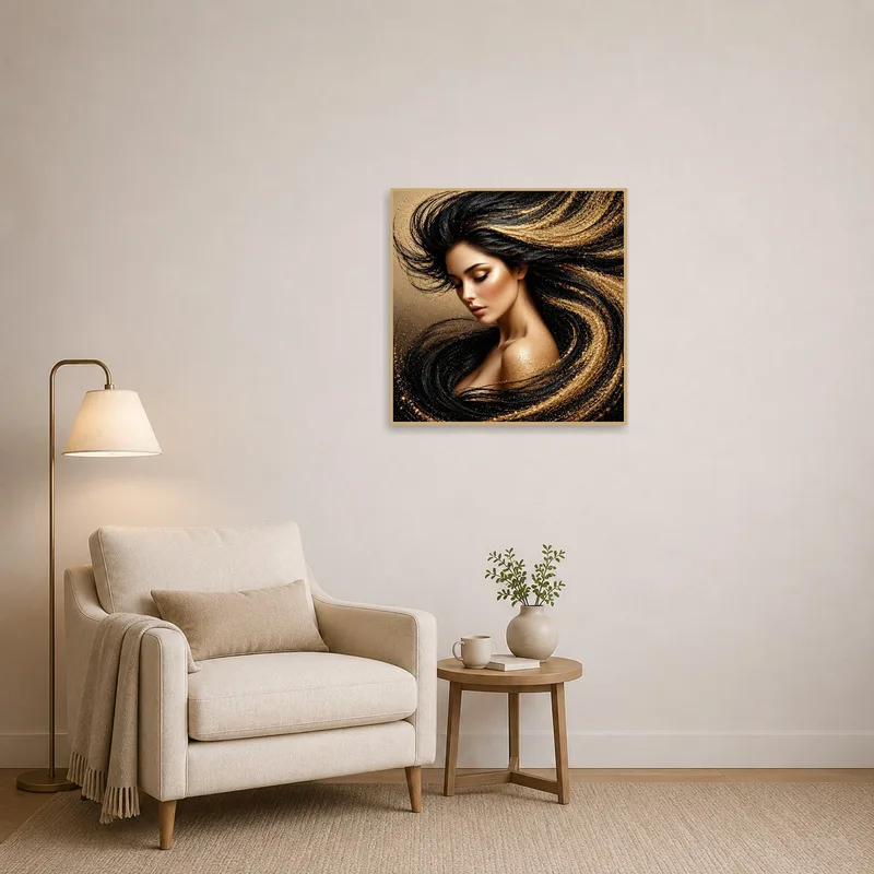 Refined portrait with golden touches near a comfy reading chair.