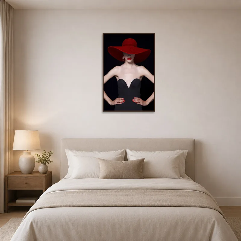 Chic portrait with black dress enhances the bedroom ambiance.