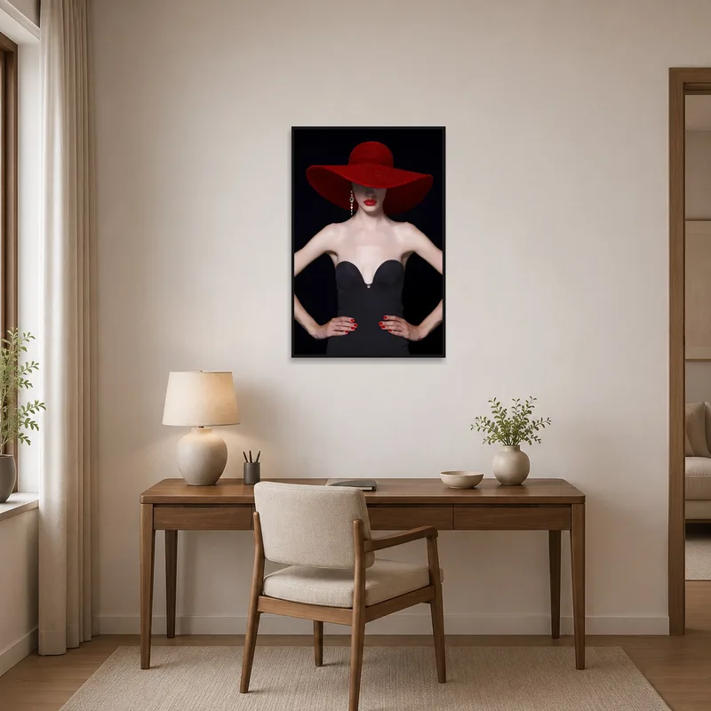Sophisticated woman in red hat inspires creativity in home office.