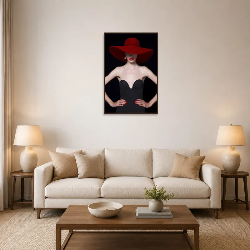 Artwork of a woman in a red hat accentuates a stylish living room wall.
