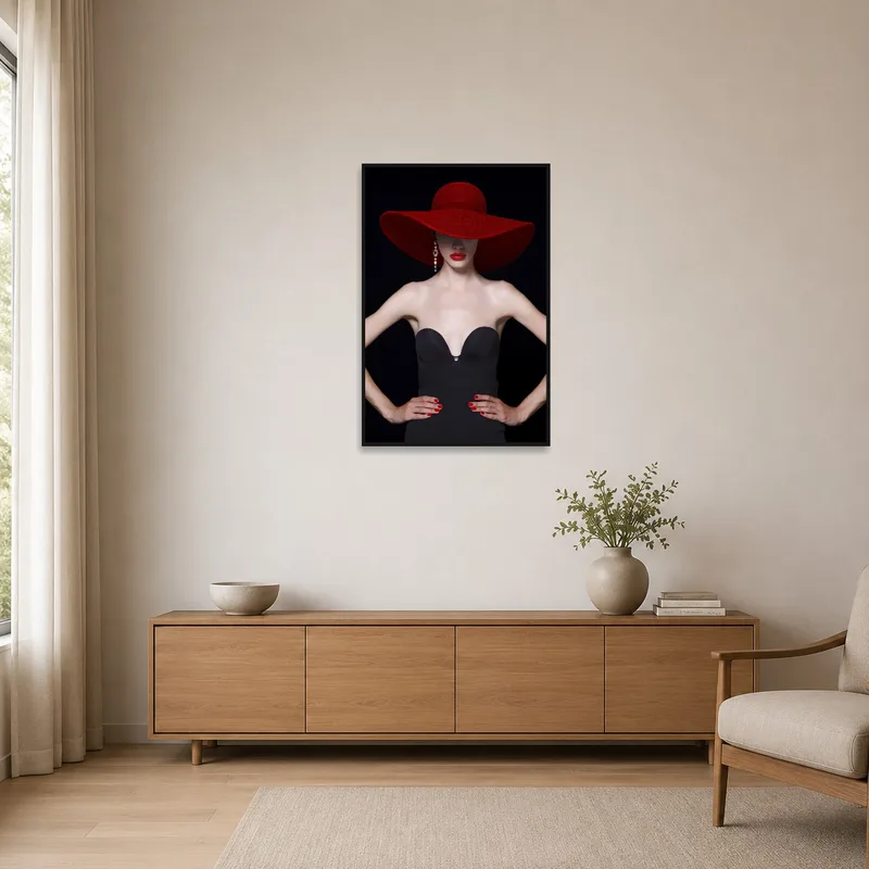 Sophisticated portrait with red hat complements minimalist decor.