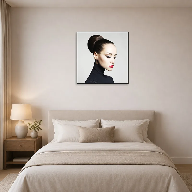 Portrait with striking red lips over a serene bedroom setting.