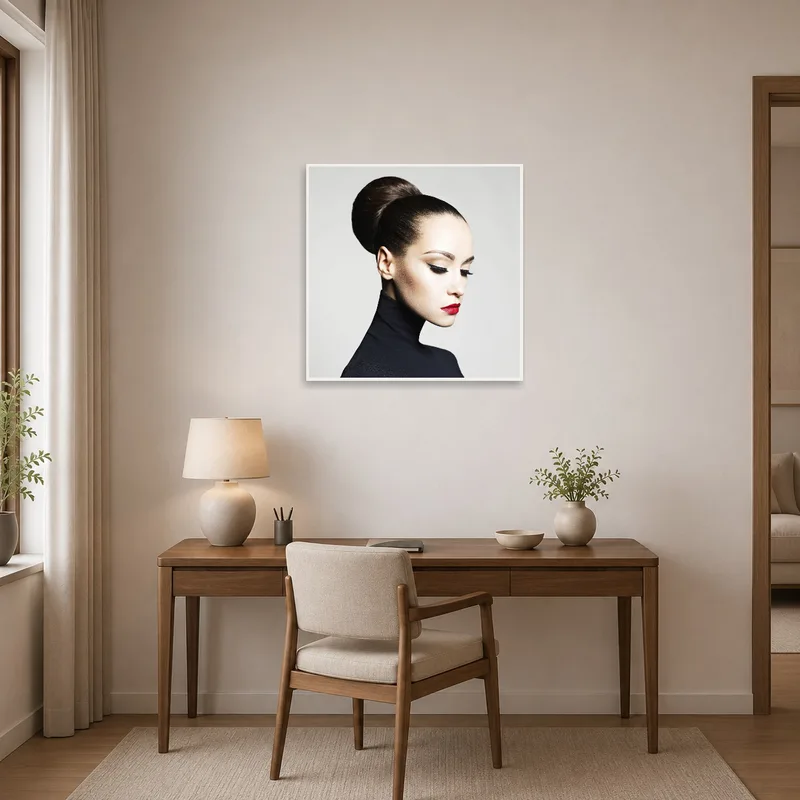 Red-lipped portrait enhances the home-office ambiance.
