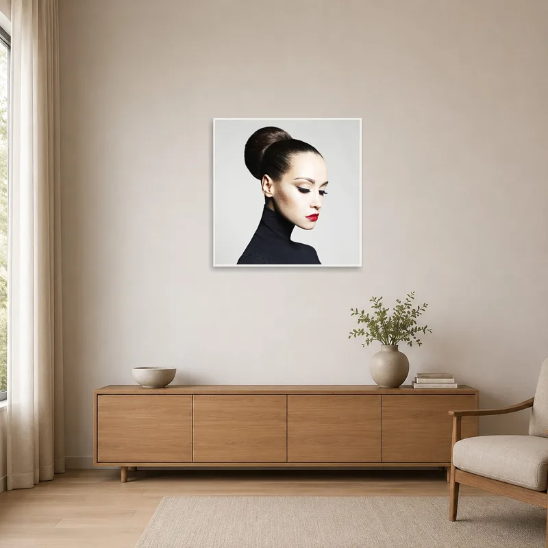 Red-lipped portrait adds a focal point to the minimalist decor.
