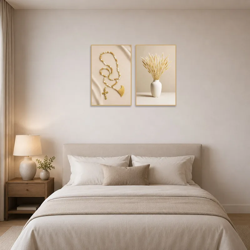 Rosary and Pampas in vase art adding warmth and serenity to a peaceful bedroom.