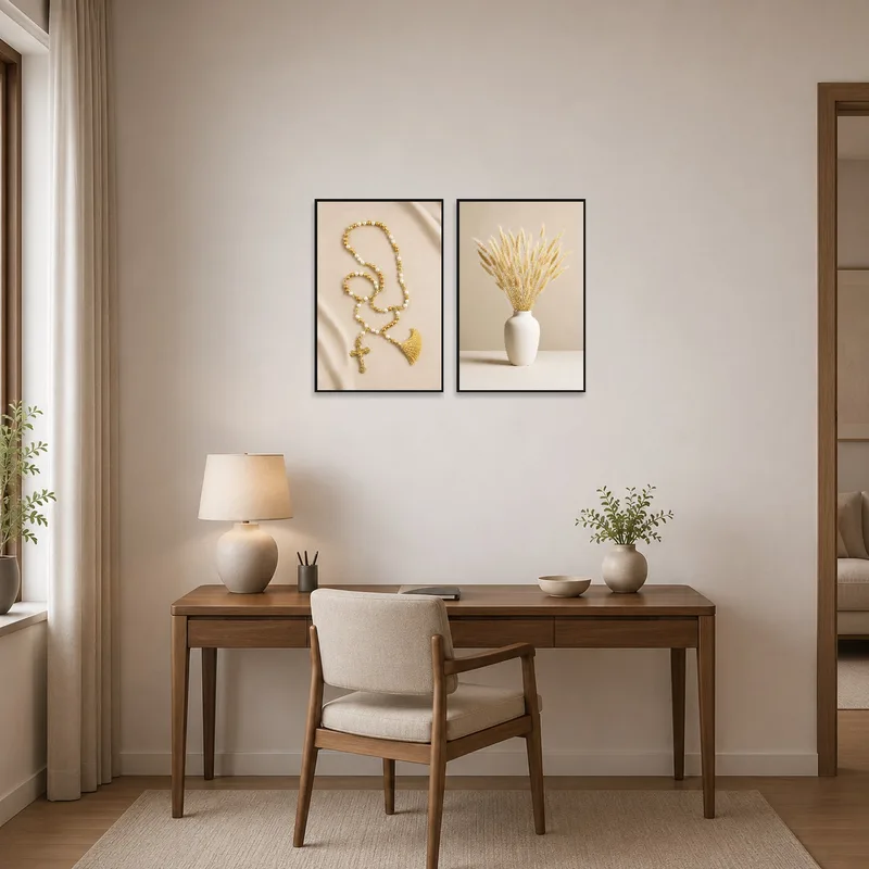 Vase with Rosary and Pampas art creating a calming scene in a home office.
