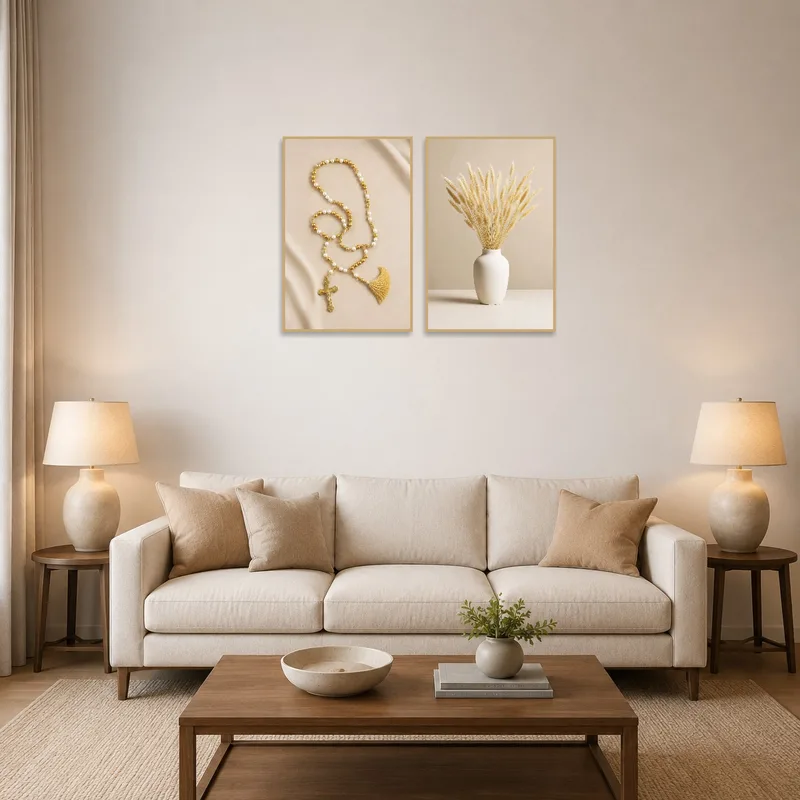 Elegant Rosary and Pampas set on a wall in a cozy living-room with soft seating.