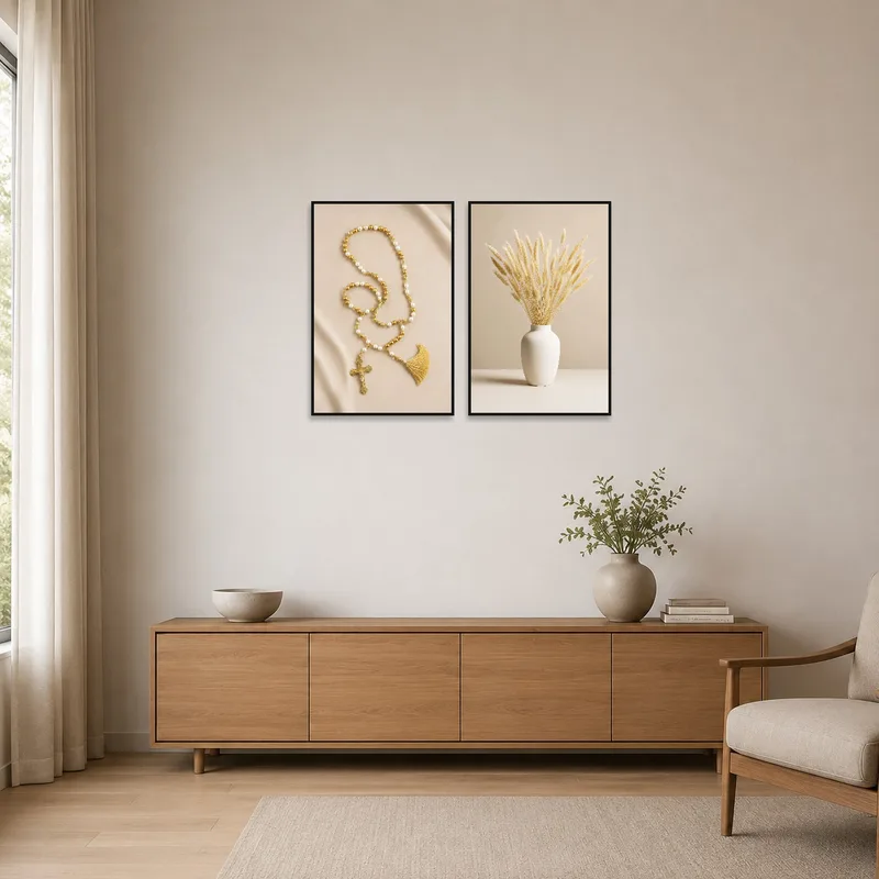 Rosary and Pampas vase art against a sparse minimalist backdrop.