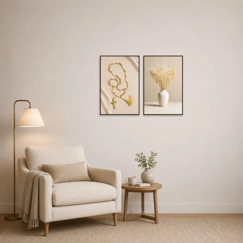 Vase with Rosary and Pampas art set enhancing a quiet reading corner with books.