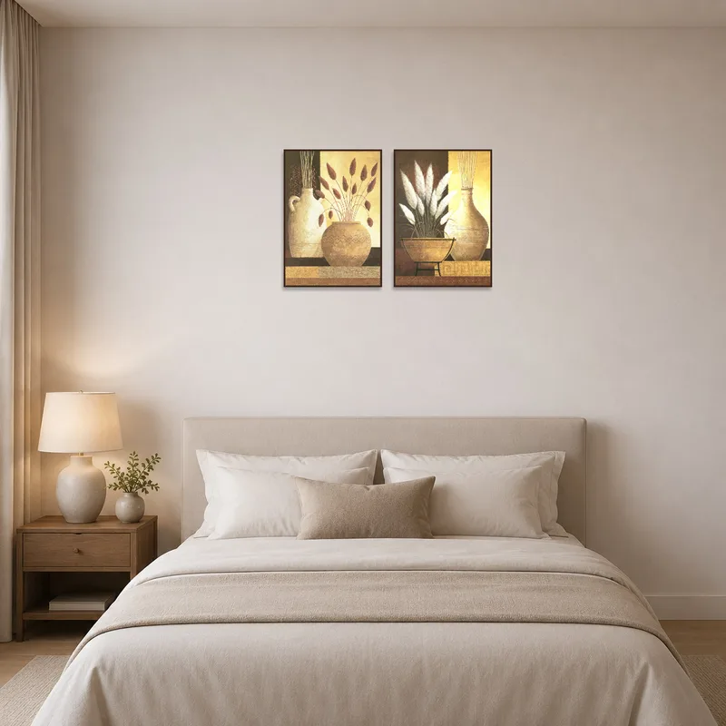 Vases artwork set complements a serene bedroom atmosphere.