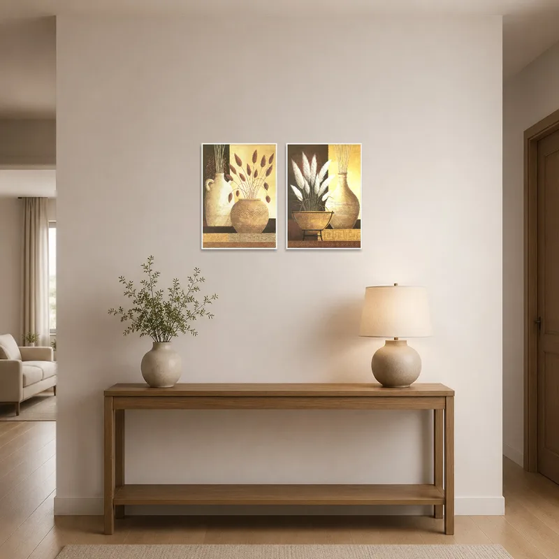 Vase still life set welcomes guests in an entrance hall setting.