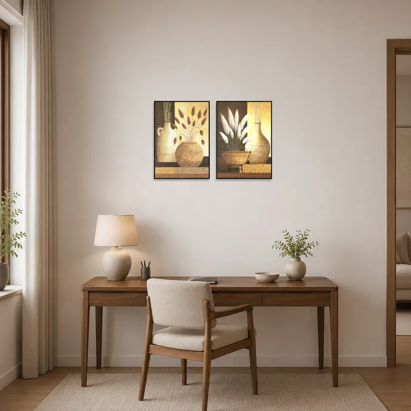 Elegant vases set adds sophistication to a home office wall.