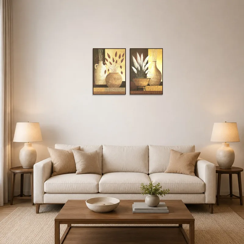 Elegant still life vases set displayed above a cozy living room couch.