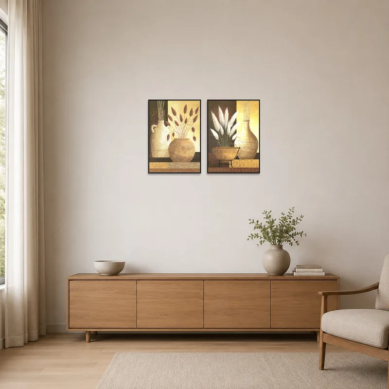 Rustic vase paintings add charm to a minimalist room setup.