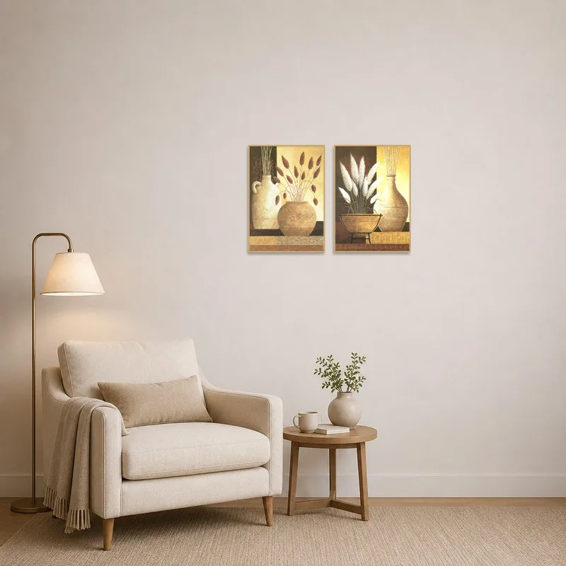 Artistic vases enhance the tranquility of a reading corner.