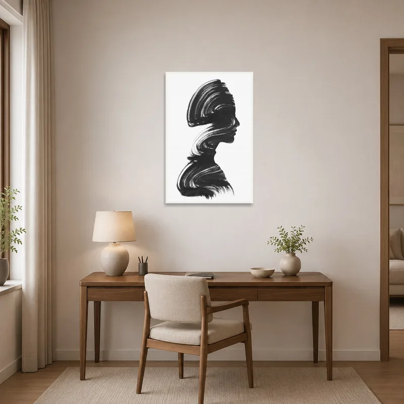 Home office uplifted by the addition of an elegant silhouette brushstroke art print.