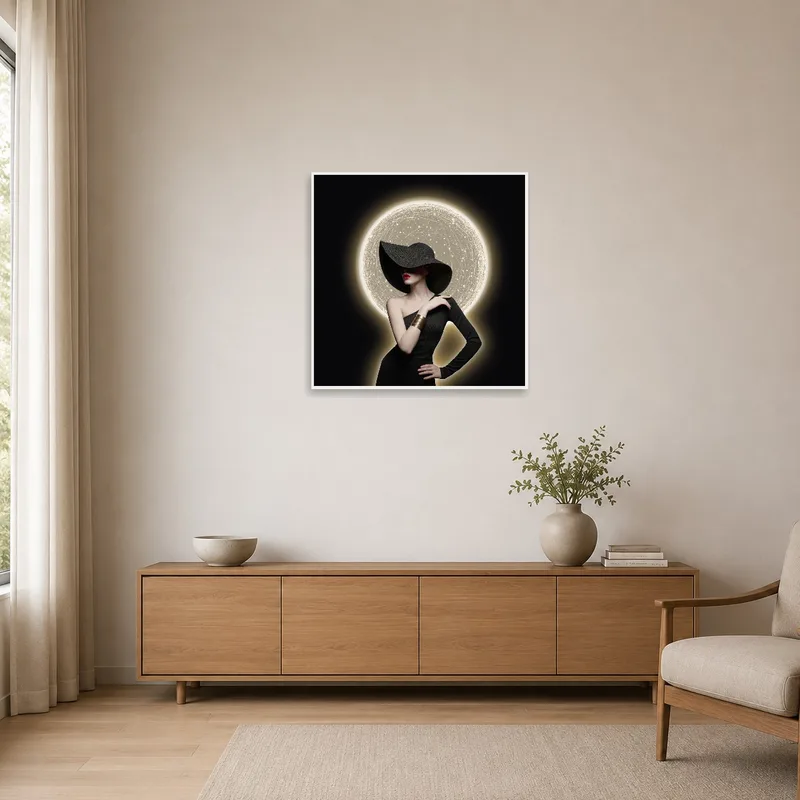 Silhouette art enhancing a minimalist room with clean lines.
