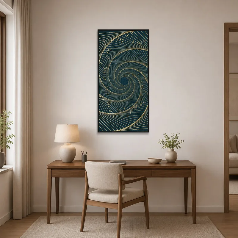 Elegant geometric spiral art inspiring creativity in a home office.
