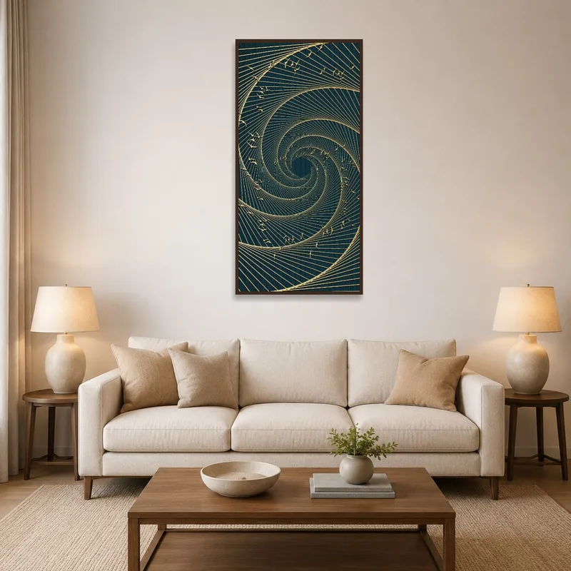 Elegant spiral geometric art in a stylish living room setting.