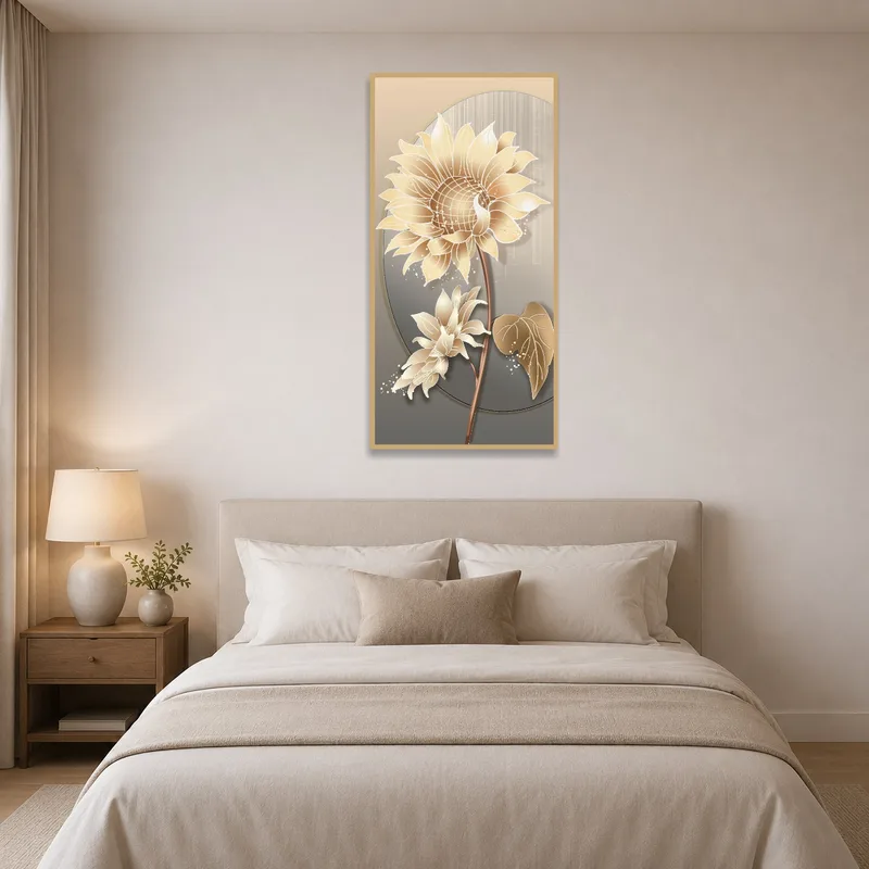 Sunflower artwork providing warmth in a serene bedroom.