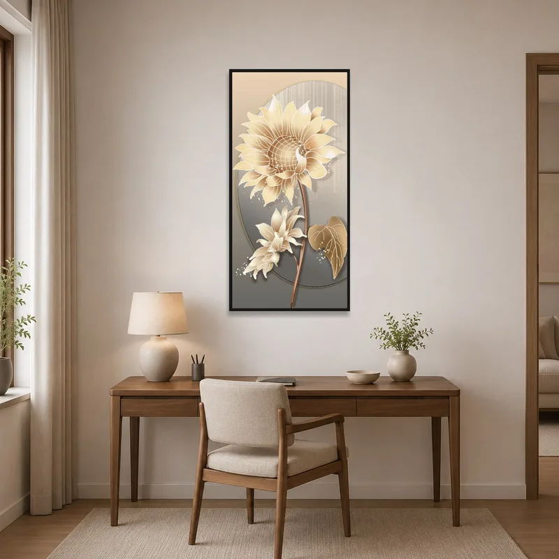 Elegant sunflower illustration enhancing a home office space.