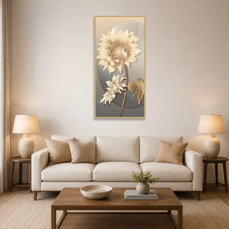 Sunflower illustration on wall in a cozy living room setting.