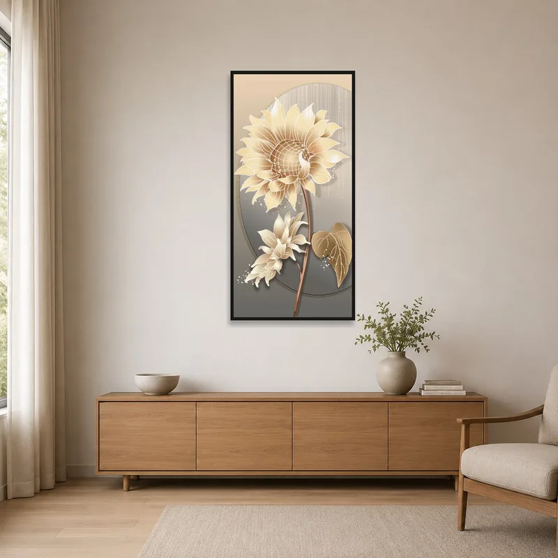 Modern sunflower artwork in a minimalist room design.