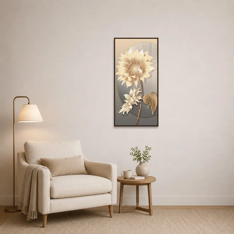 Bright sunflower art piece in a quiet reading corner.