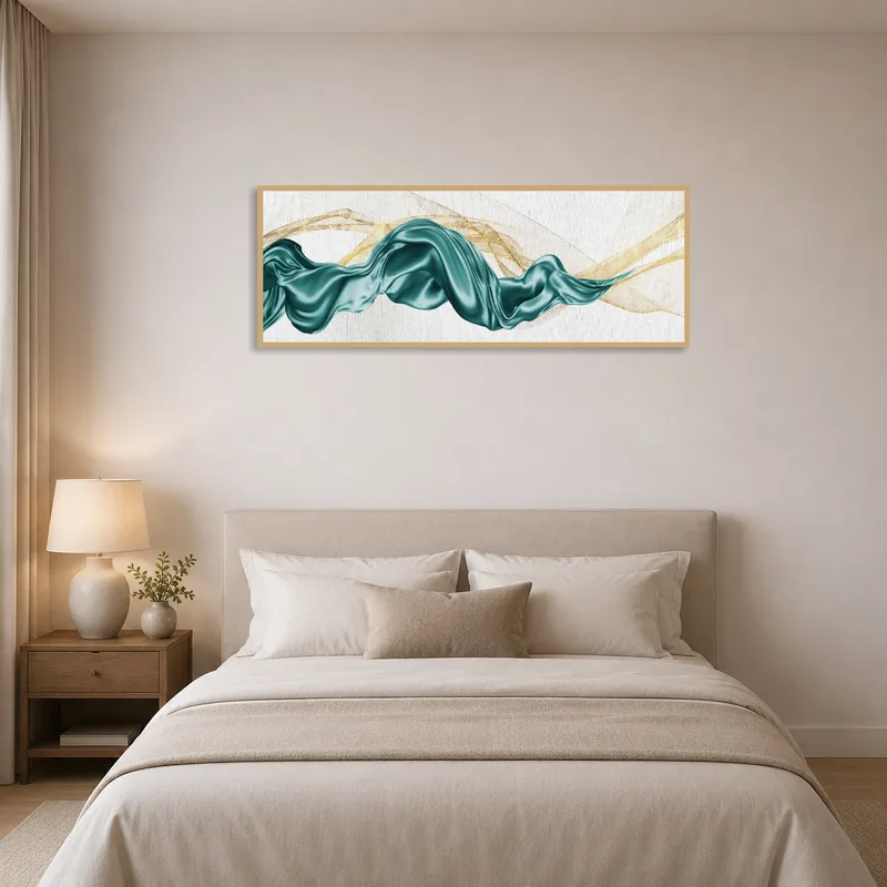 Teal and gold wave artwork adds tranquility to a serene bedroom setting.
